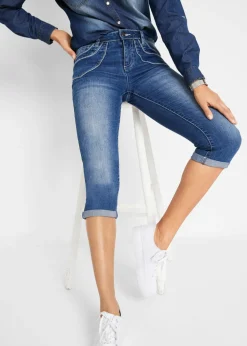 bonprix bonprix Vaqueros capri de talle medio con corte recto Azul desgastado Sale