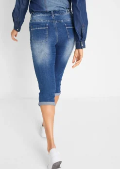 bonprix bonprix Vaqueros capri de talle medio con corte recto Azul desgastado Sale