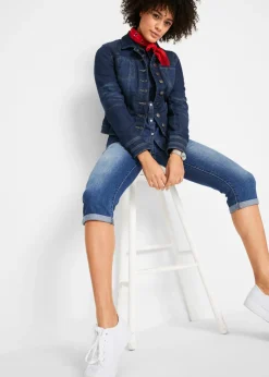 bonprix bonprix Vaqueros capri de talle medio con corte recto Azul desgastado Sale
