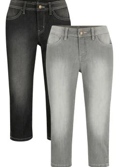 bonprix bonprix Vaqueros capri elásticos, cómodos, 2 unidades azul claro + negro desgastado Best