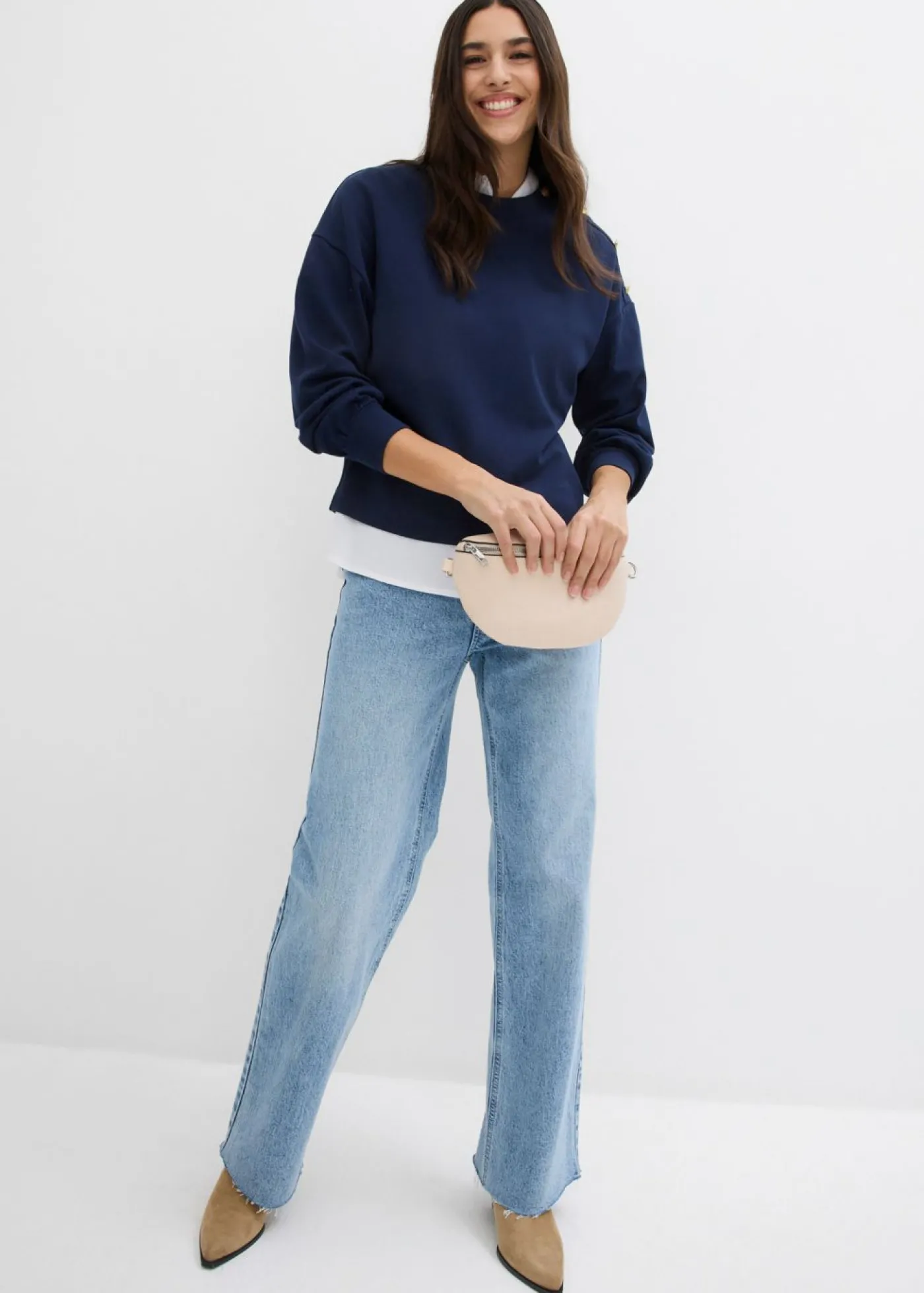 bonprix bonprix Vaqueros con pierna ancha, talle alto y largo completo Denim hielo desgastado Discount