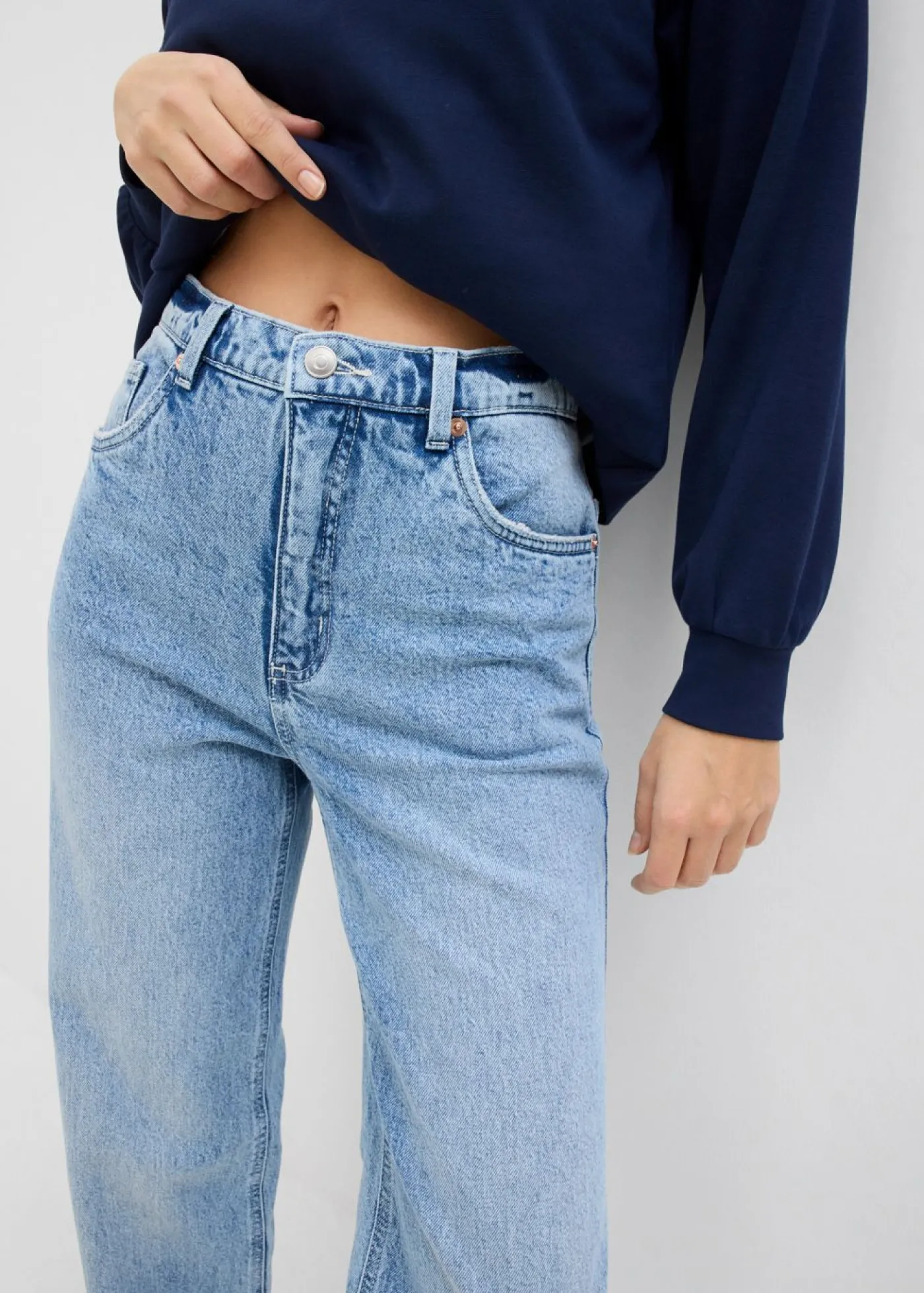 bonprix bonprix Vaqueros con pierna ancha, talle alto y largo completo Denim hielo desgastado Discount