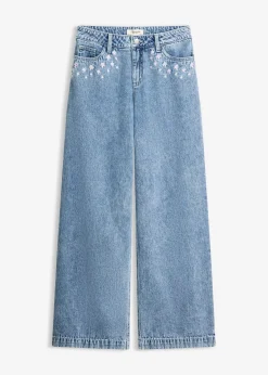 bonprix bonprix Vaqueros de algodón con talle medio y perneras anchas Denim claro desgastado