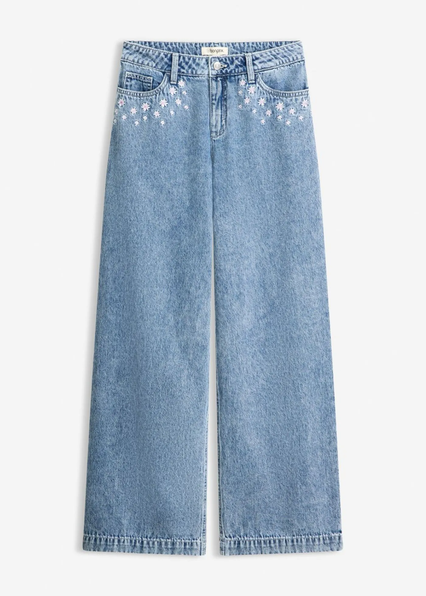 bonprix bonprix Vaqueros de algodón con talle medio y perneras anchas Denim claro desgastado