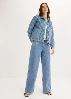 bonprix bonprix Vaqueros de algodón con talle medio y perneras anchas Denim claro desgastado