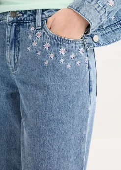 bonprix bonprix Vaqueros de algodón con talle medio y perneras anchas Denim claro desgastado