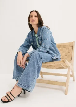 bonprix bonprix Vaqueros de algodón con talle medio y perneras anchas Denim claro desgastado