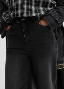 bonprix bonprix Vaqueros de algodón ecológico con talle alto y corte barrel Denim negro desgastado Clearance