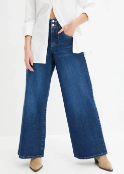 bonprix bonprix Vaqueros de pernera ancha con talle alto Denim oscuro desgastado Hot