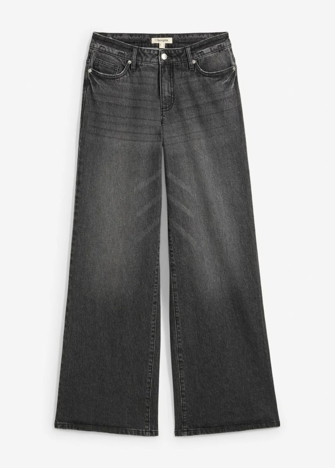 bonprix bonprix Vaqueros de pernera ancha, mid waist, largo completo y low stretch negro denim usado Sale