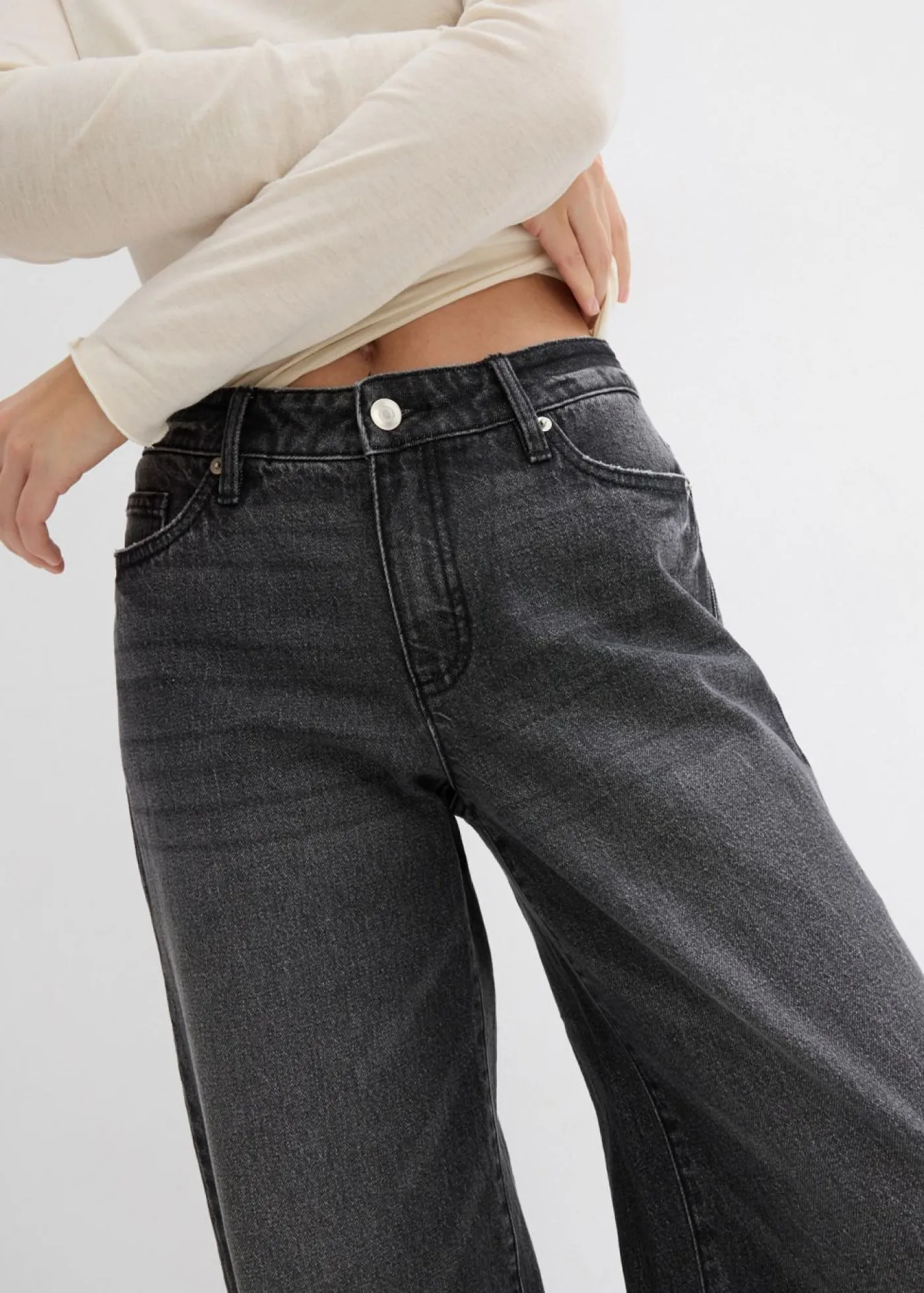 bonprix bonprix Vaqueros de pernera ancha, mid waist, largo completo y low stretch negro denim usado Sale