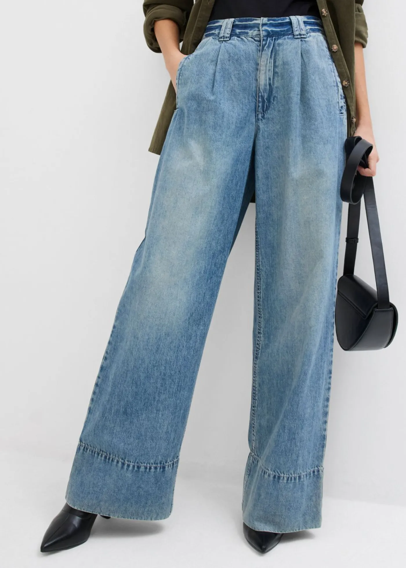bonprix bonprix Vaqueros de pernera ancha, high waist azul claro denim-arena claro usado Sale