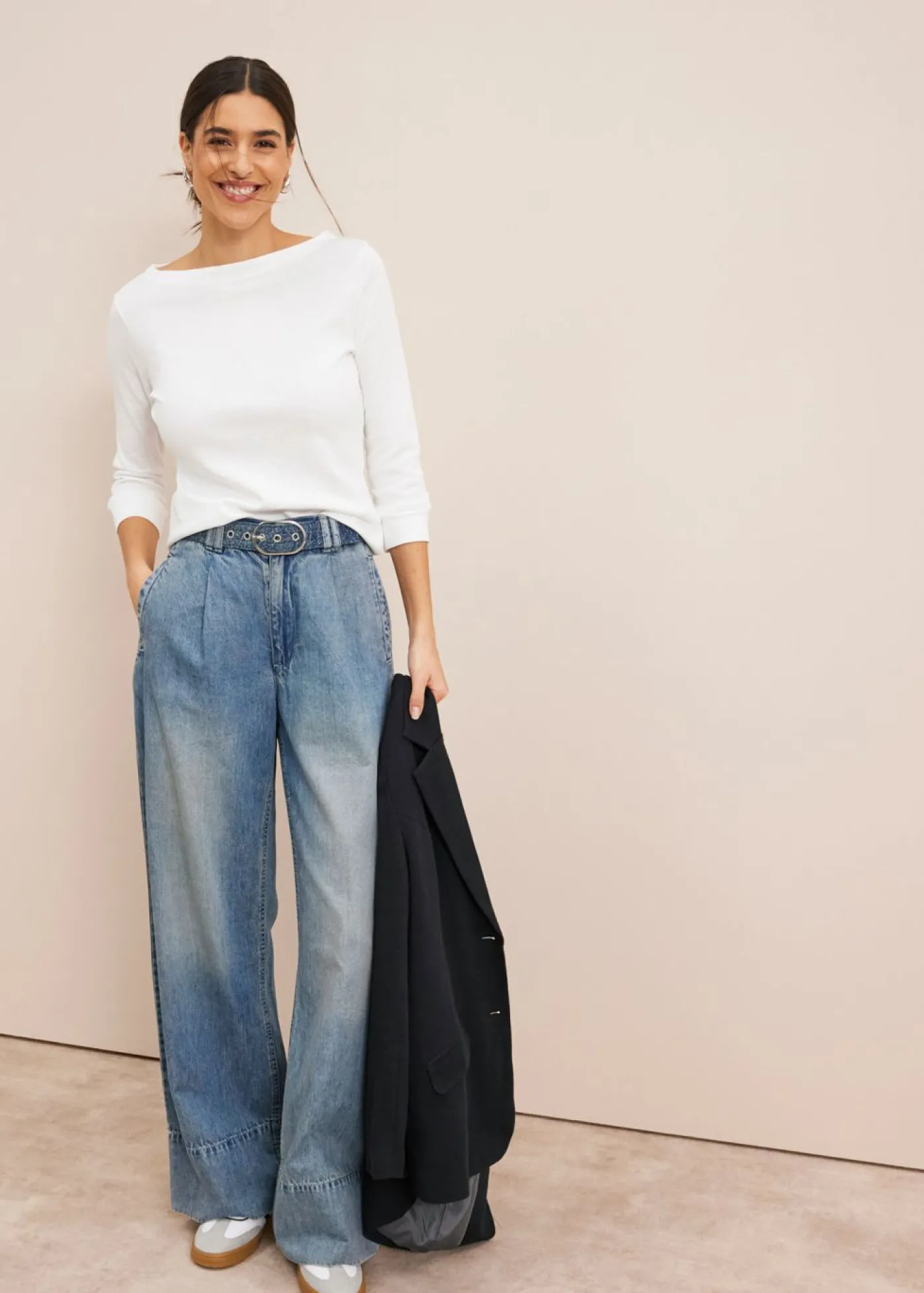 bonprix bonprix Vaqueros de pernera ancha, high waist azul claro denim-arena claro usado Sale