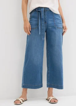 bonprix bonprix Vaqueros de pernera ancha, high waist, cintura cómoda y cropped Denim claro desgastado Clearance