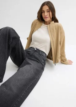 bonprix bonprix Vaqueros de pernera ancha, mid waist, largo completo y low stretch negro denim usado