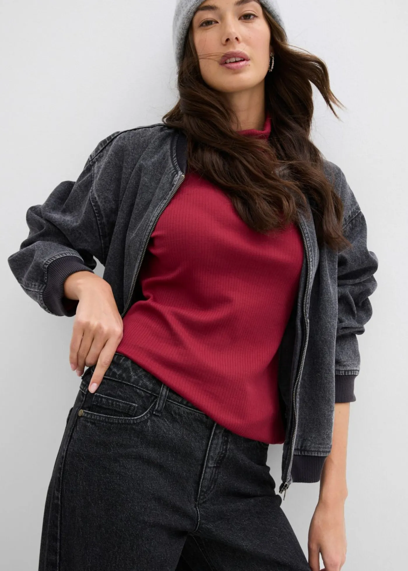 bonprix bonprix Vaqueros de pernera ancha, mid waist, largo completo Denim gris oscuro desgastado Sale
