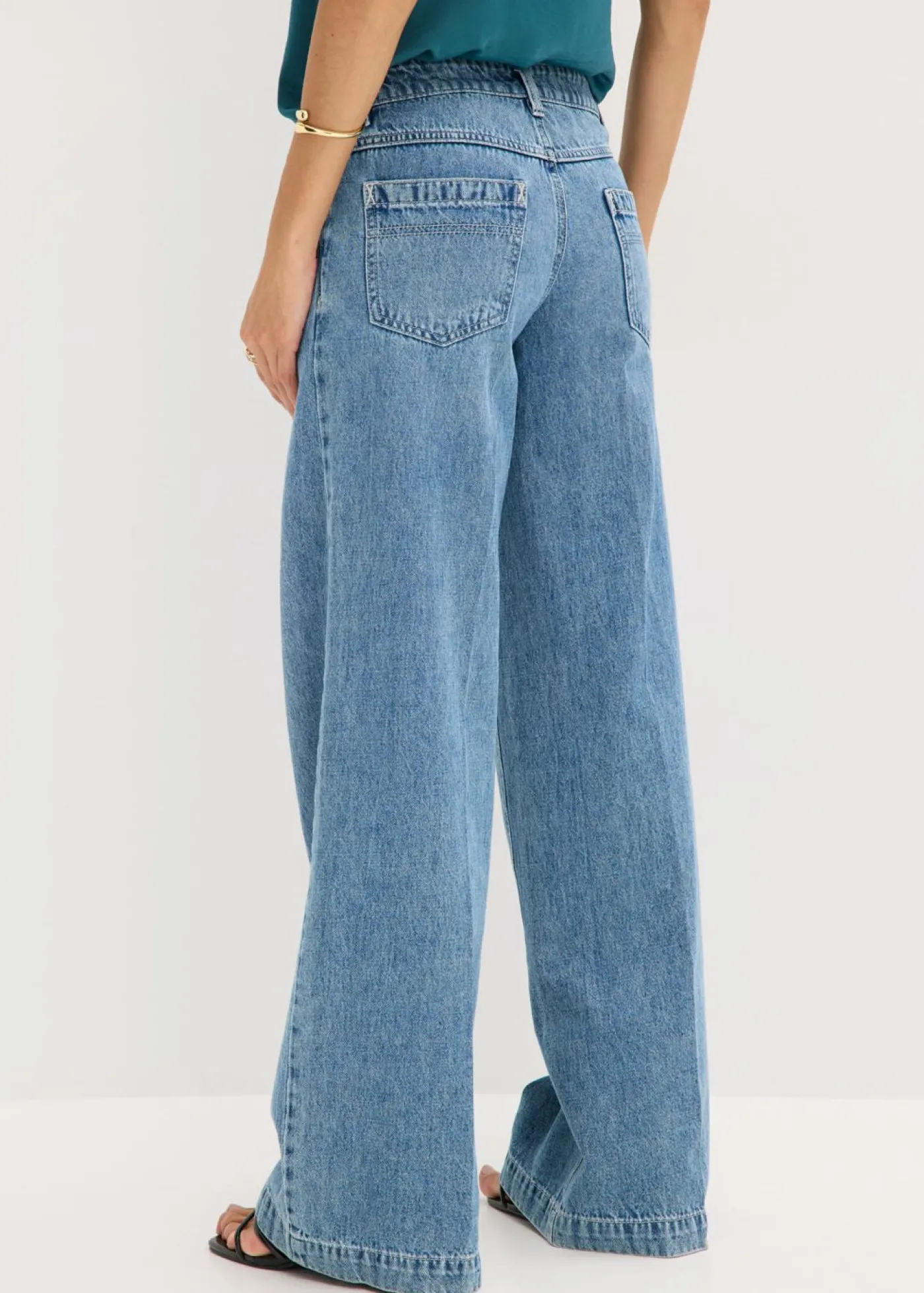 bonprix bonprix Vaqueros de pernera ancha, mid waist, largo completo y low stretch Azul piedra usado