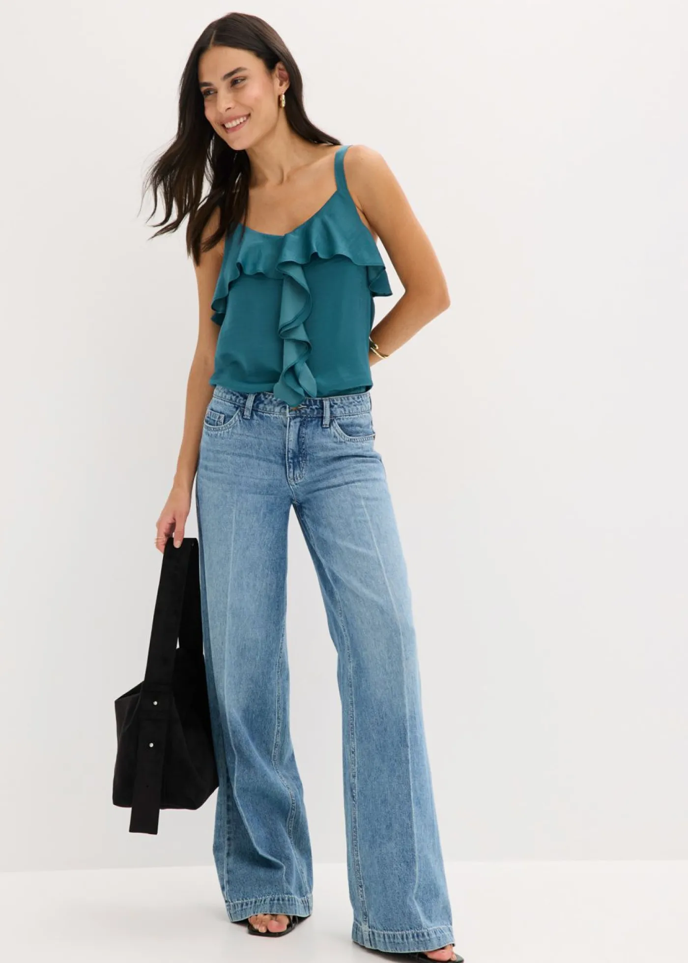 bonprix bonprix Vaqueros de pernera ancha, mid waist, largo completo y low stretch Azul piedra usado