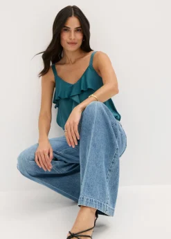 bonprix bonprix Vaqueros de pernera ancha, mid waist, largo completo y low stretch Azul piedra usado