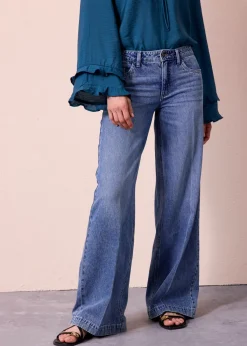 bonprix bonprix Vaqueros de pernera ancha, mid waist, largo completo y low stretch Azul piedra usado