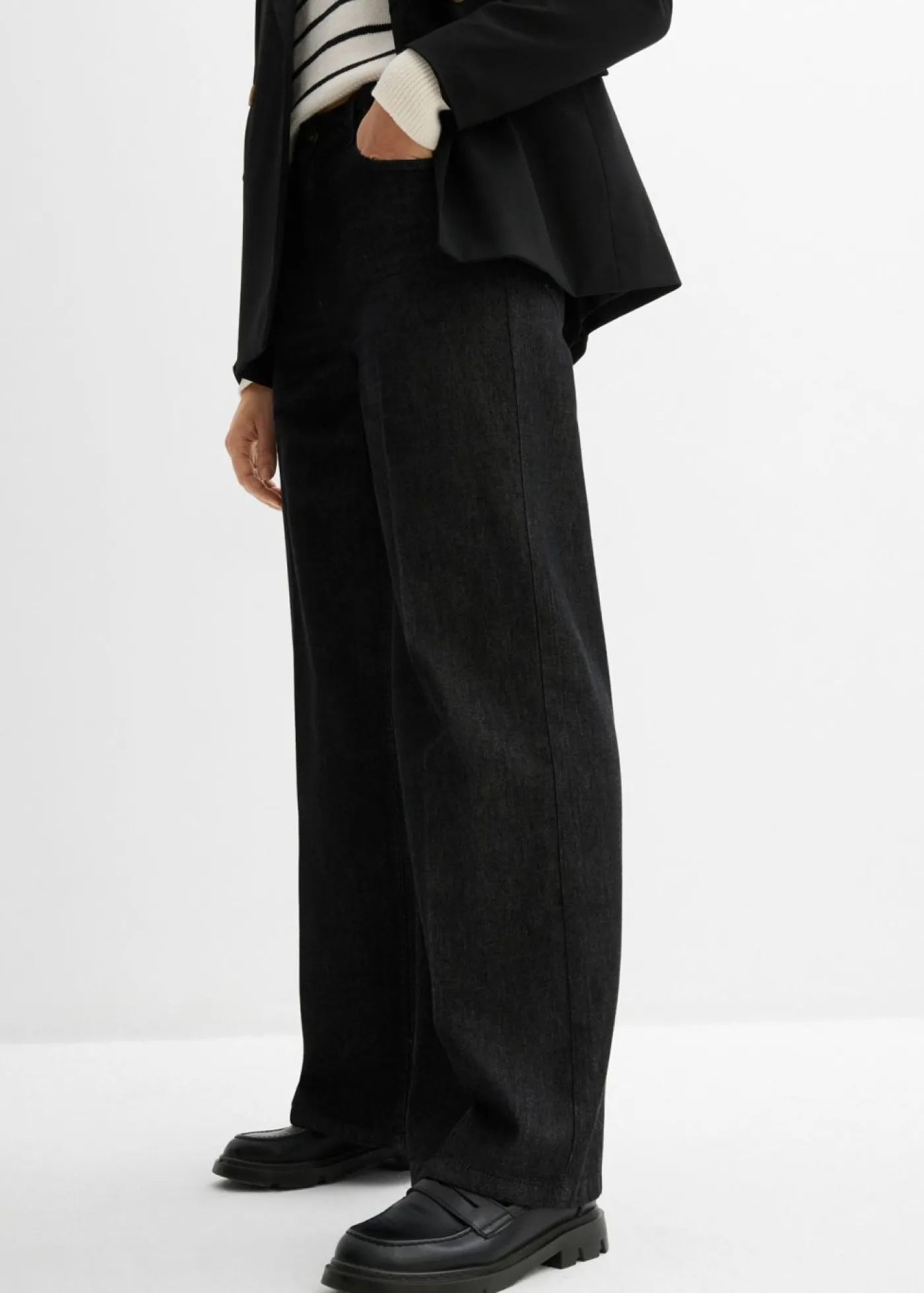 bonprix bonprix Vaqueros de pernera ancha, mid waist negro denim usado Sale