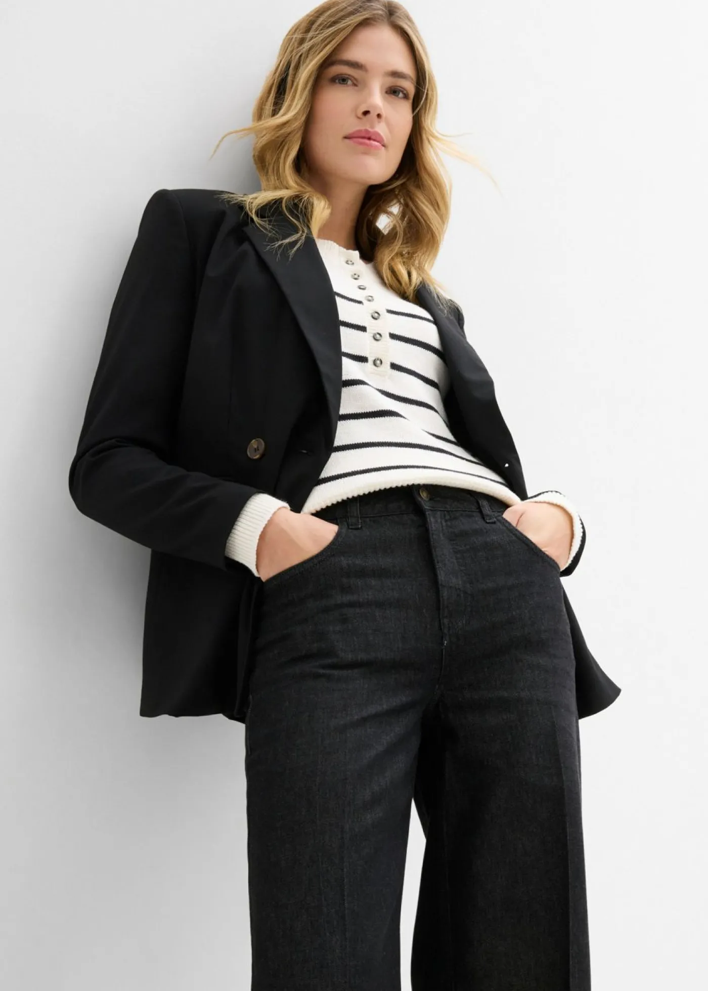bonprix bonprix Vaqueros de pernera ancha, mid waist negro denim usado Sale