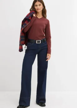 bonprix bonprix Vaqueros de talle medio de algodón orgánico con perneras anchas Azul oscuro denim Sale
