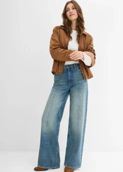 bonprix bonprix Vaqueros elásticos con corte holgado, talle alto y diseño recto azul claro denim usado New