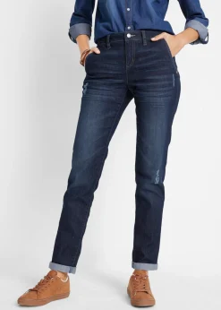 bonprix bonprix Vaqueros elásticos con corte boyfriend y talle medio Azul marino desgastado Online