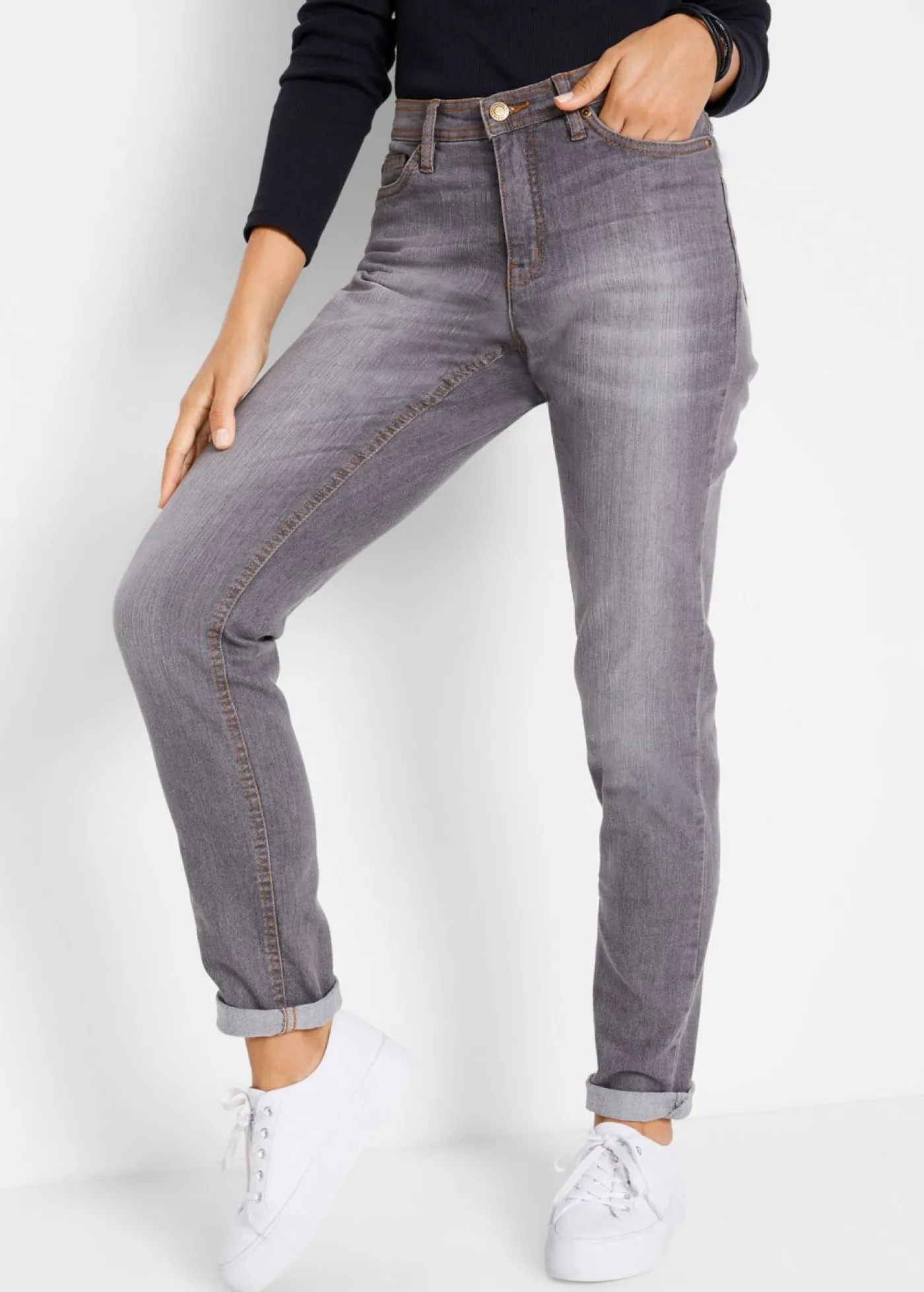 bonprix bonprix Vaqueros elásticos con corte mom y talle medio Denim gris usado Outlet