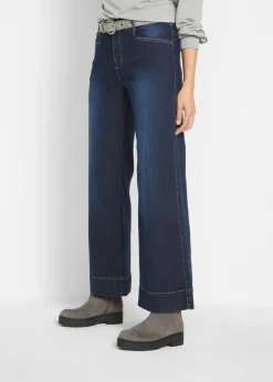 bonprix bonprix Vaqueros elásticos de pernera ancha y cintura media Denim oscuro desgastado Sale