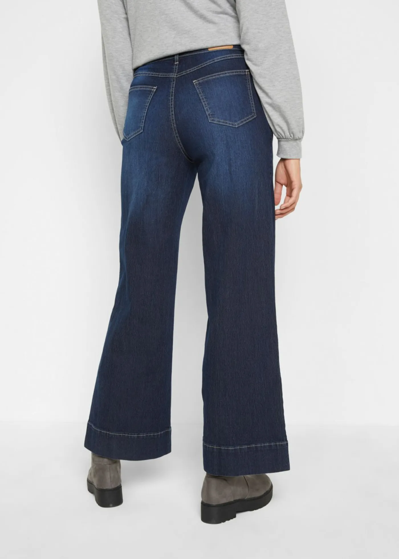 bonprix bonprix Vaqueros elásticos de pernera ancha y cintura media Denim oscuro desgastado Sale