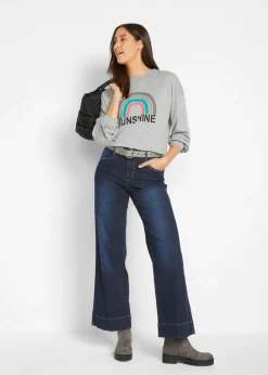 bonprix bonprix Vaqueros elásticos de pernera ancha y cintura media Denim oscuro desgastado Sale