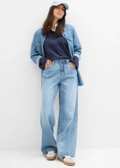 bonprix bonprix Vaqueros low stretch con perneras anchas y tiro medio Denim claro desgastado Discount