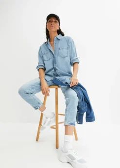 bonprix bonprix Vaqueros mom, high waist, low stretch, cropped azul hielo denim usado New