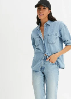 bonprix bonprix Vaqueros mom, high waist, low stretch, cropped azul hielo denim usado New