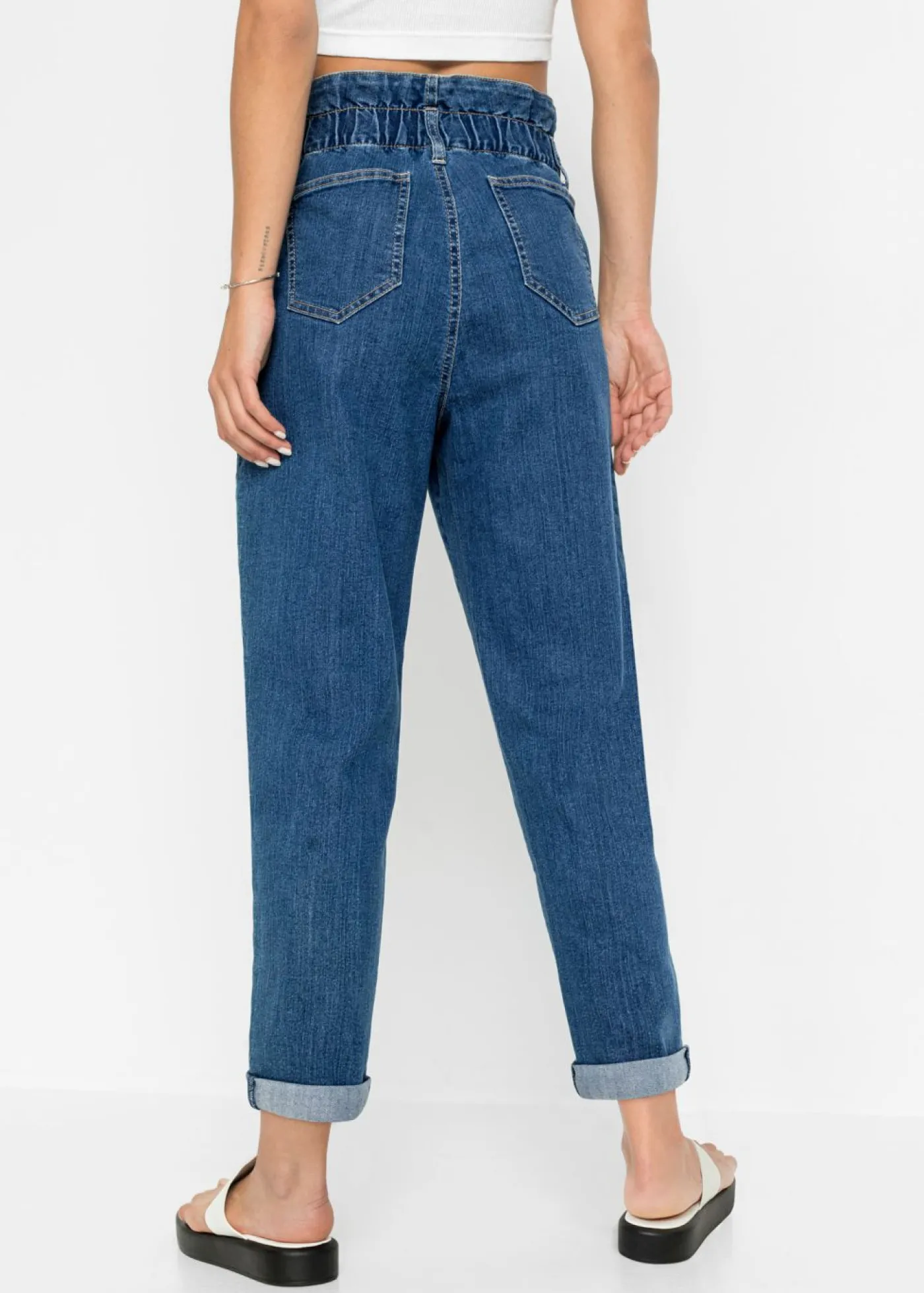 bonprix bonprix Vaqueros mom, talle alto, elásticos Azul piedra Online