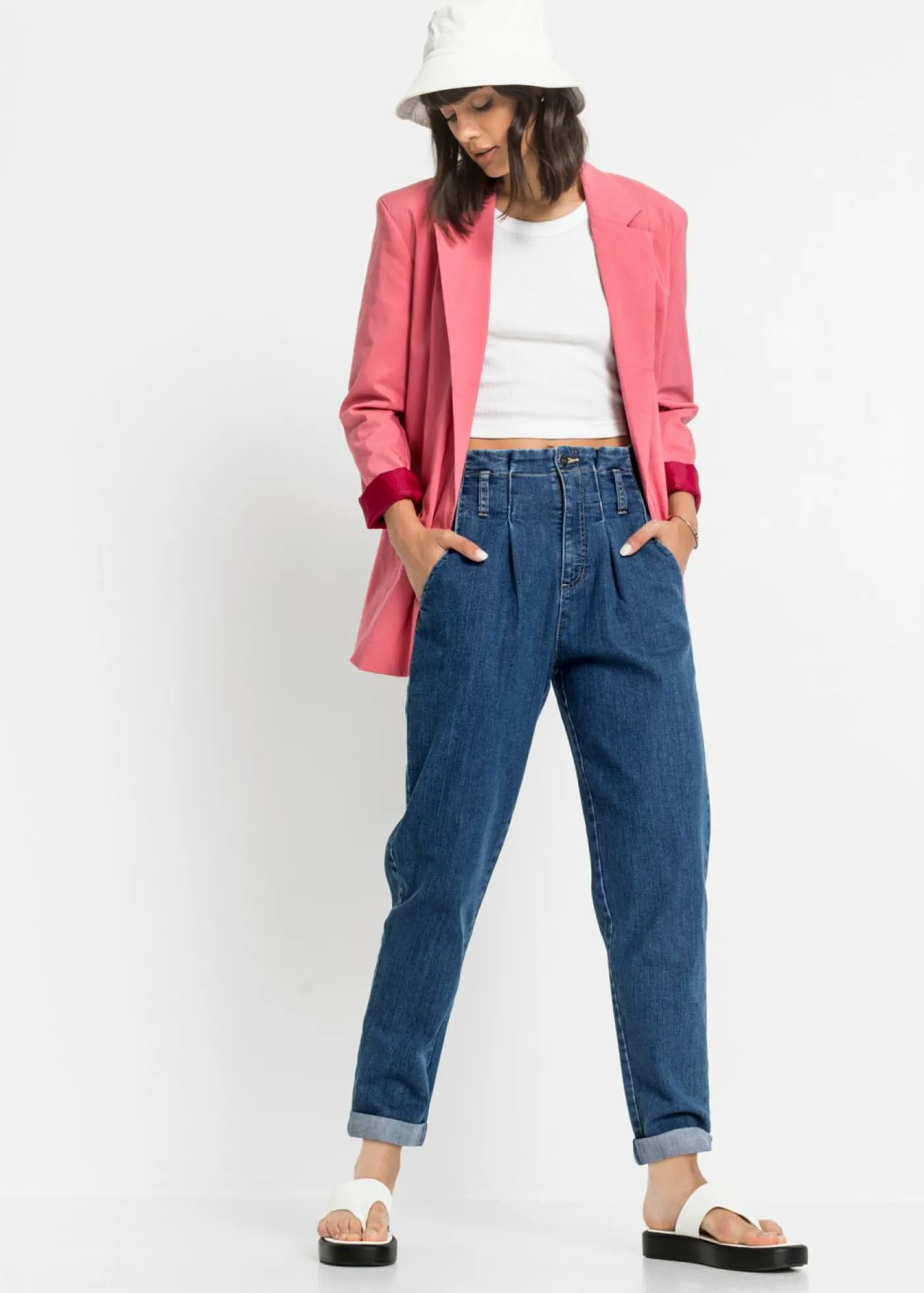 bonprix bonprix Vaqueros mom, talle alto, elásticos Azul piedra Online