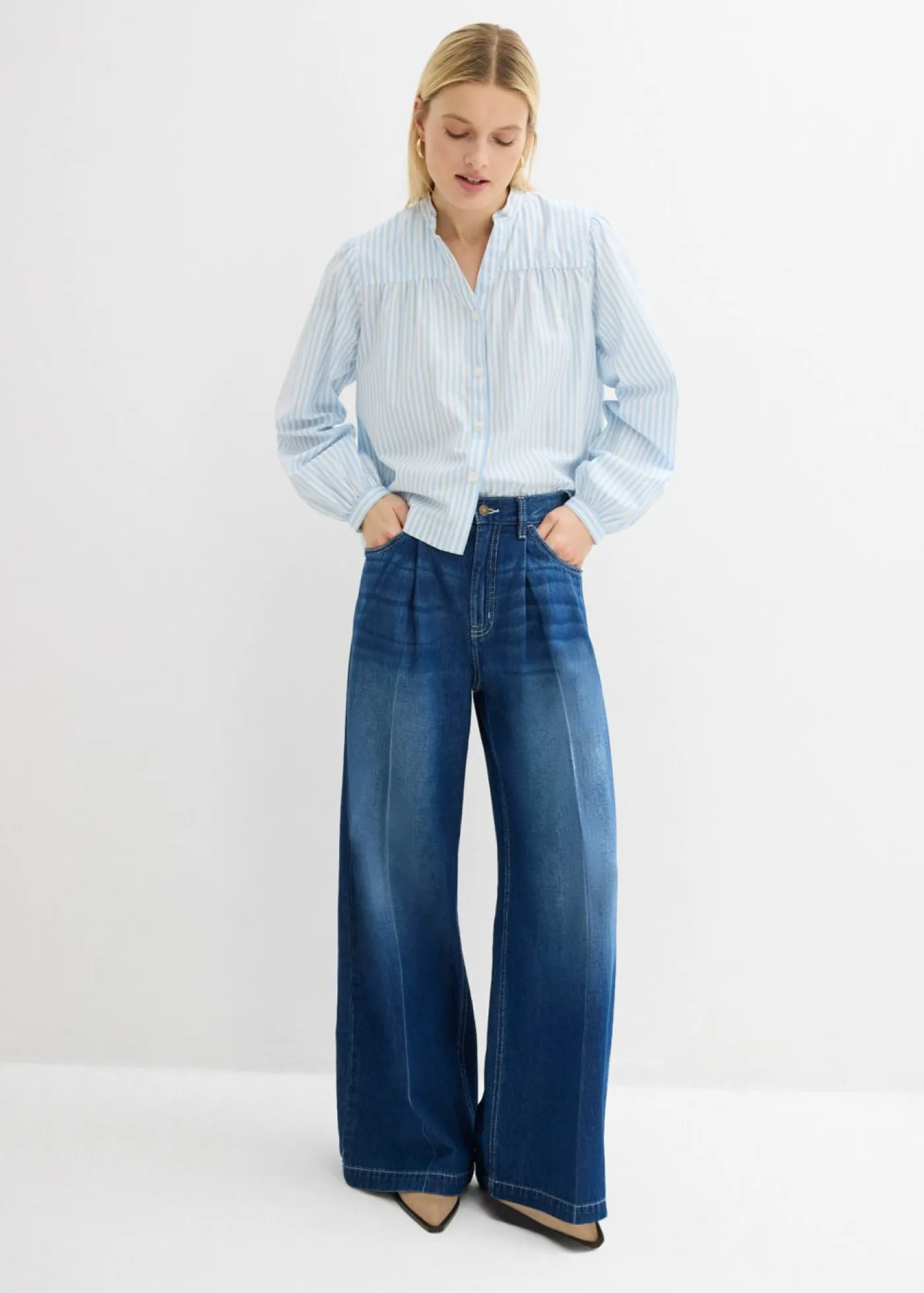 bonprix bonprix Vaqueros palazzo, super wide, de algodón azul oscuro denim usado Outlet