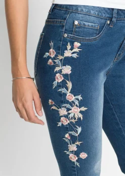 bonprix bonprix Vaqueros pitillo con largo acortado y talle medio Denim de flores Discount