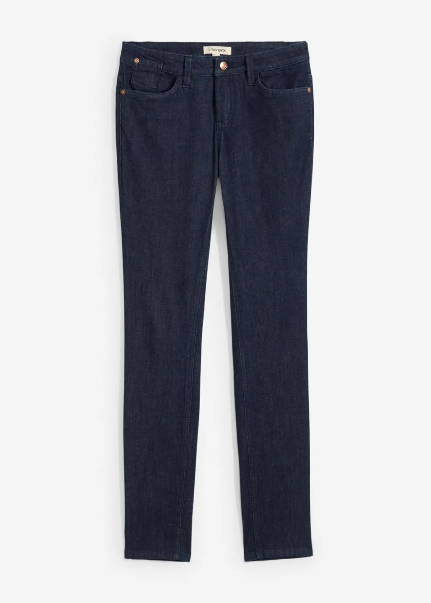 bonprix bonprix Vaqueros pitillo de algodón orgánico con talle medio Denim azul almirante desgastado Clearance