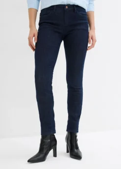 bonprix bonprix Vaqueros pitillo de algodón orgánico con talle medio Denim azul almirante desgastado Clearance