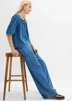 bonprix bonprix Vaqueros pull on, wide leg en algodón azul piedra con rayas Hot
