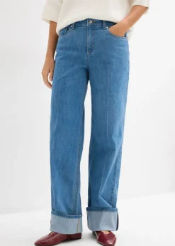 bonprix bonprix Vaqueros rectos con corte holgado, talle medio y largo completo azul claro denim Online