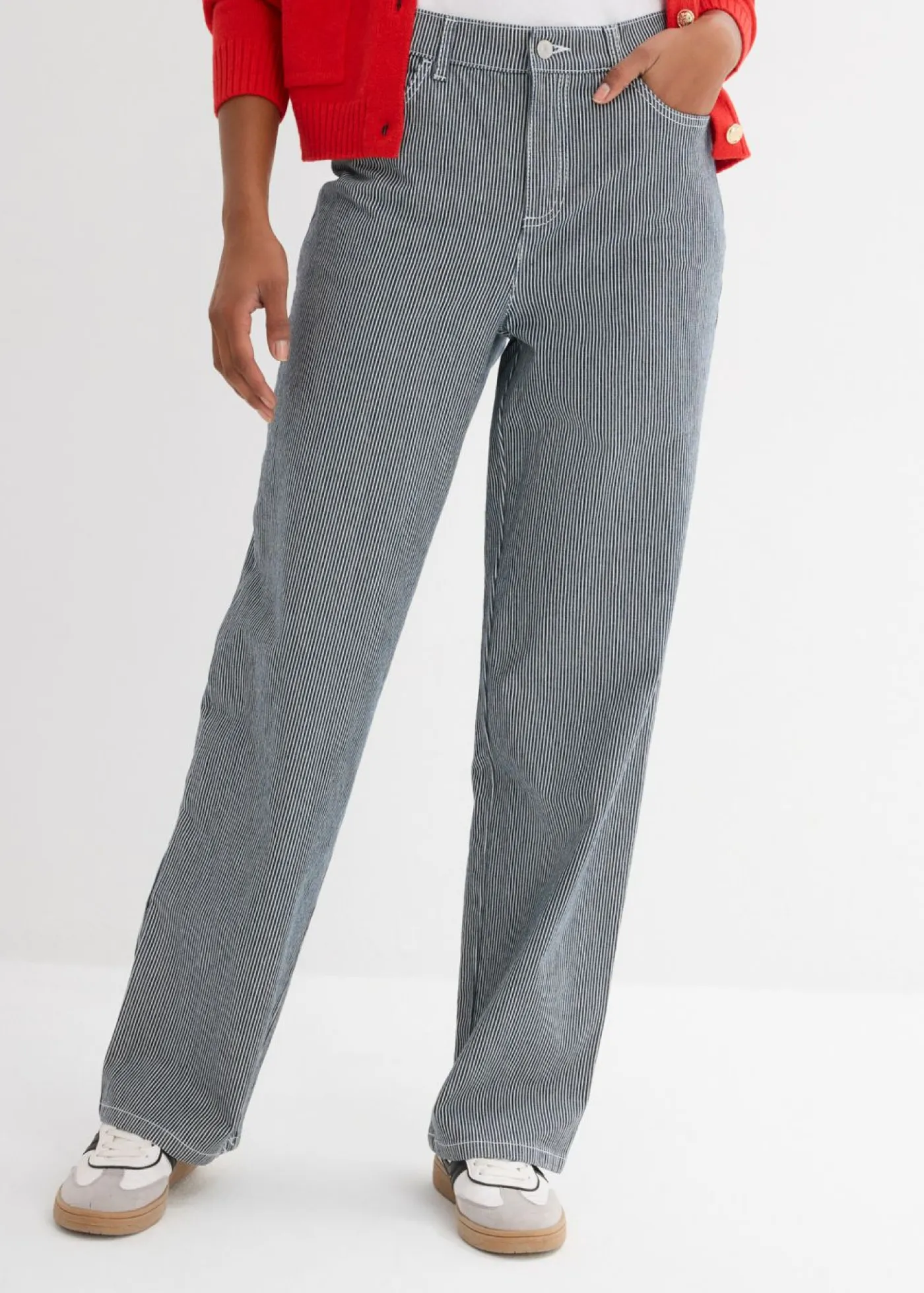 bonprix bonprix Vaqueros rectos con corte holgado, talle alto y diseño de rayas denim intenso-blanco con rayas Sale