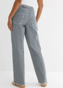 bonprix bonprix Vaqueros rectos con corte holgado, talle alto y diseño de rayas denim intenso-blanco con rayas Sale