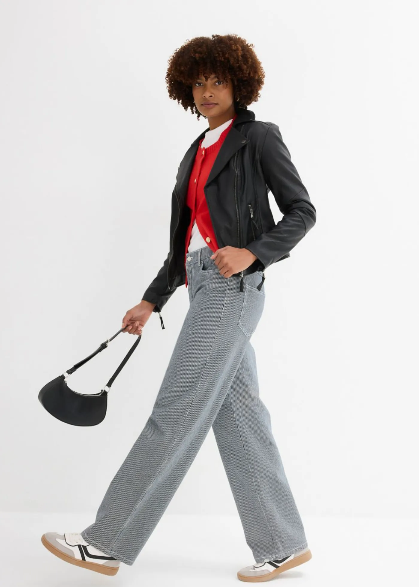 bonprix bonprix Vaqueros rectos con corte holgado, talle alto y diseño de rayas denim intenso-blanco con rayas Sale