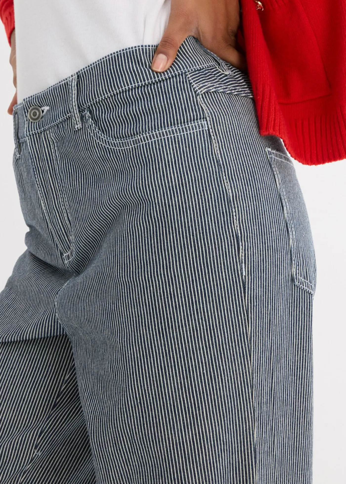 bonprix bonprix Vaqueros rectos con corte holgado, talle alto y diseño de rayas denim intenso-blanco con rayas Sale