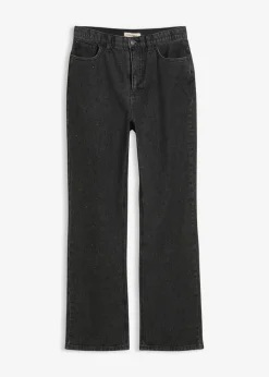 bonprix bonprix Vaqueros rectos de talle medio con corte holgado, cinturilla elástica y piedras brillantes Denim gris oscuro