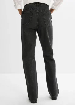 bonprix bonprix Vaqueros rectos de talle medio con corte holgado, cinturilla elástica y piedras brillantes Denim gris oscuro